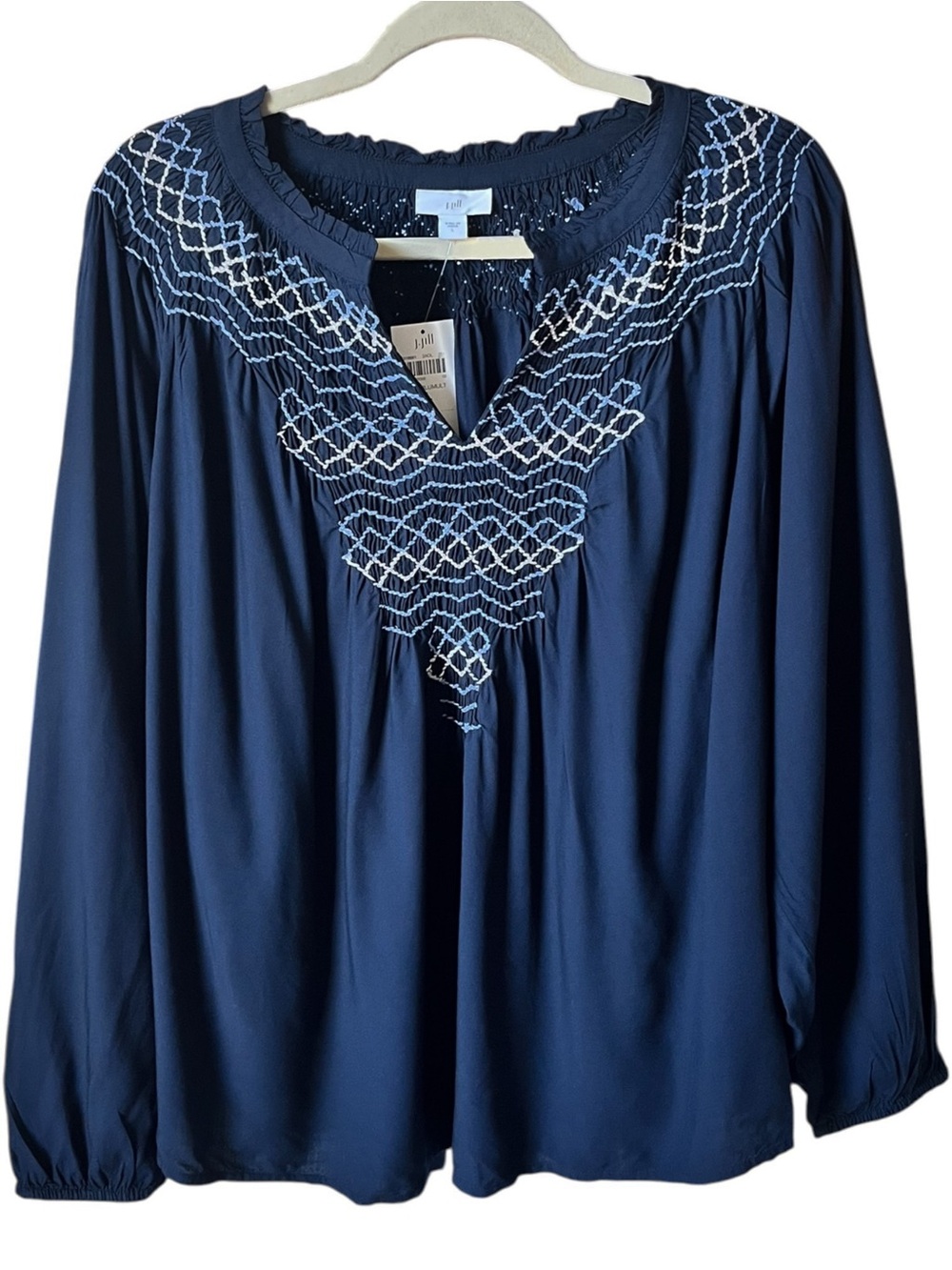 J.Jill Navy Smocked Embroidered Peasant Top Size Large Boho Long Sleeve Blouse